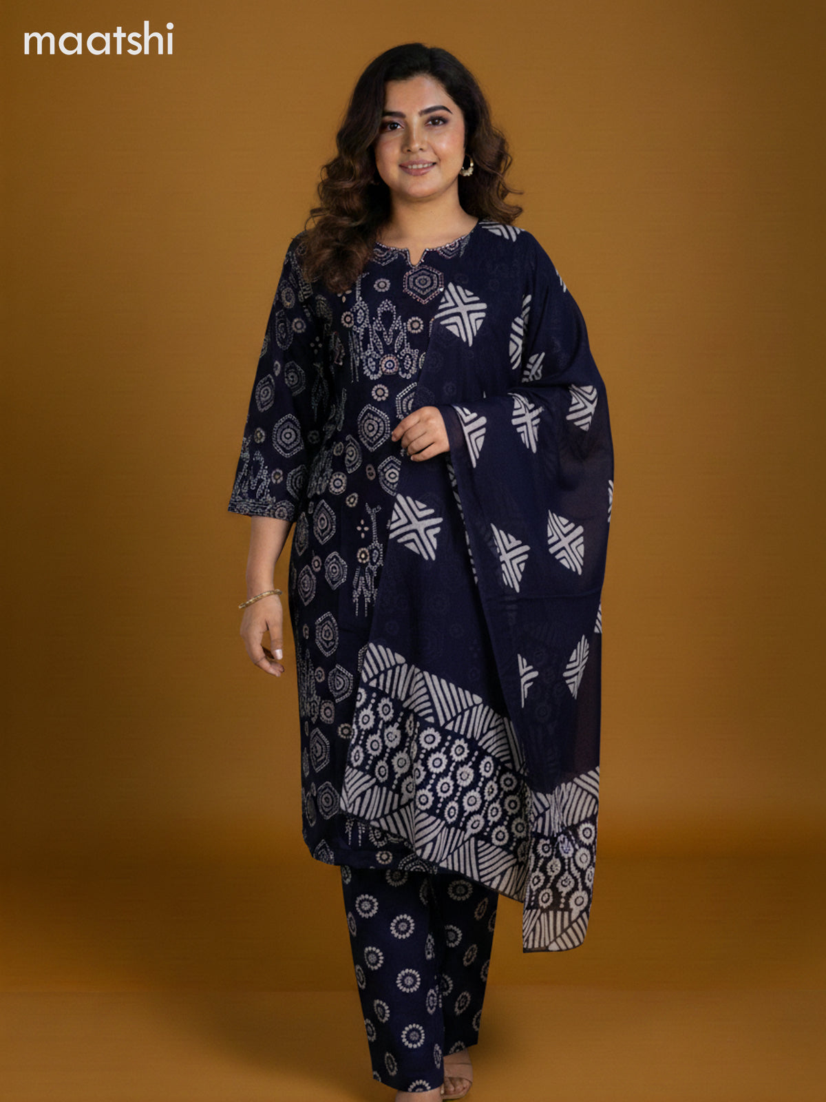 Navy Blue Cotton Printed Straight Suit