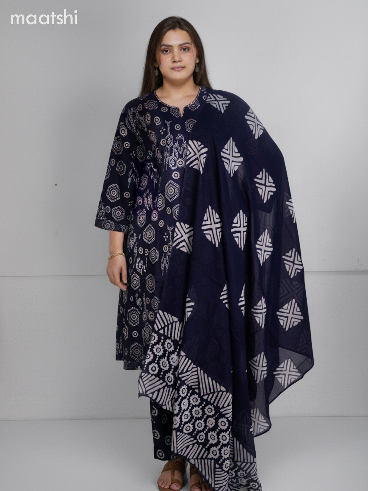 Navy Blue Cotton Printed Straight Suit