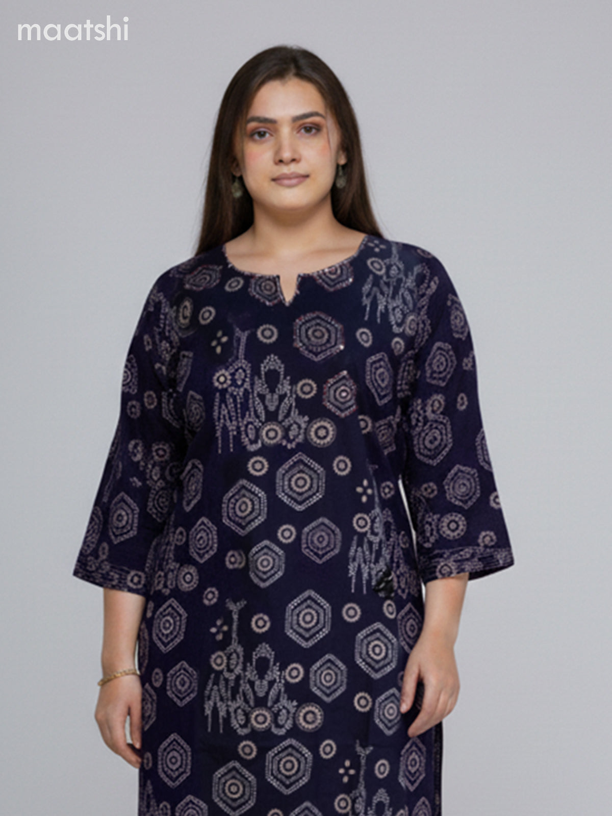 Navy Blue Cotton Printed Straight Suit