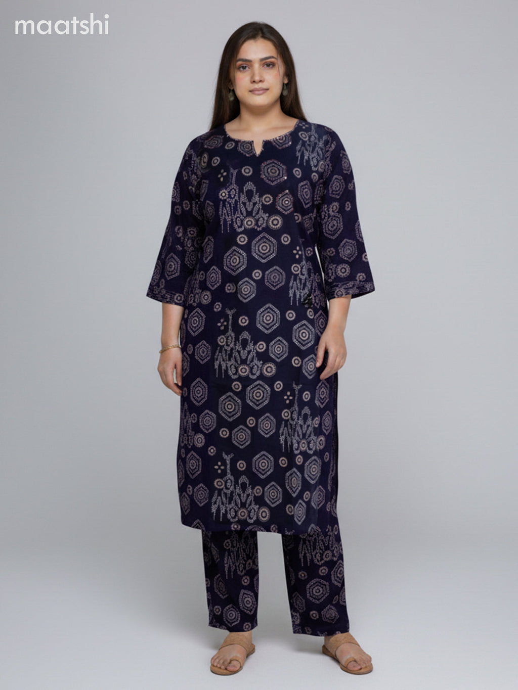 Navy Blue Cotton Printed Straight Suit