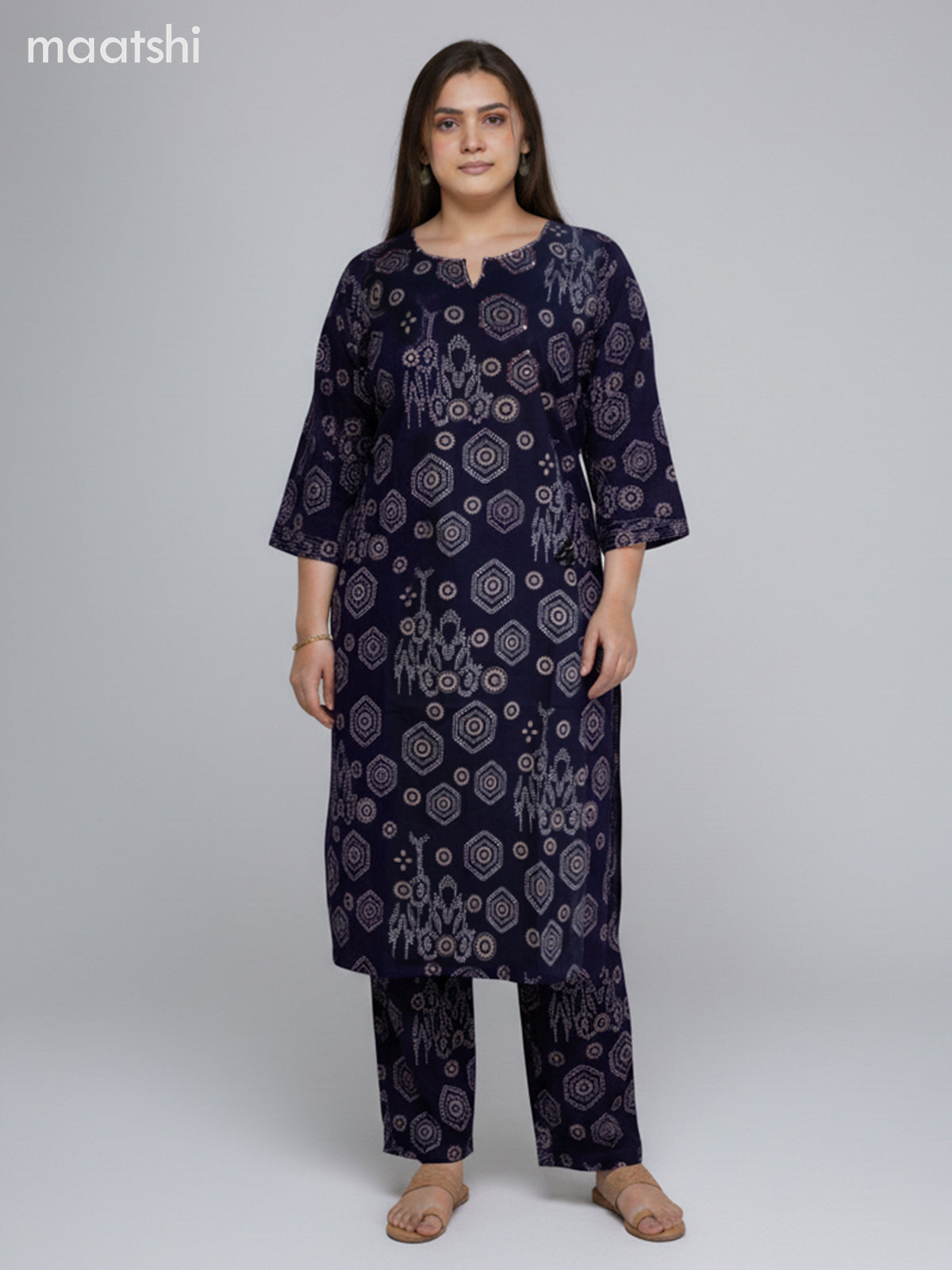 Navy Blue Cotton Printed Straight Suit