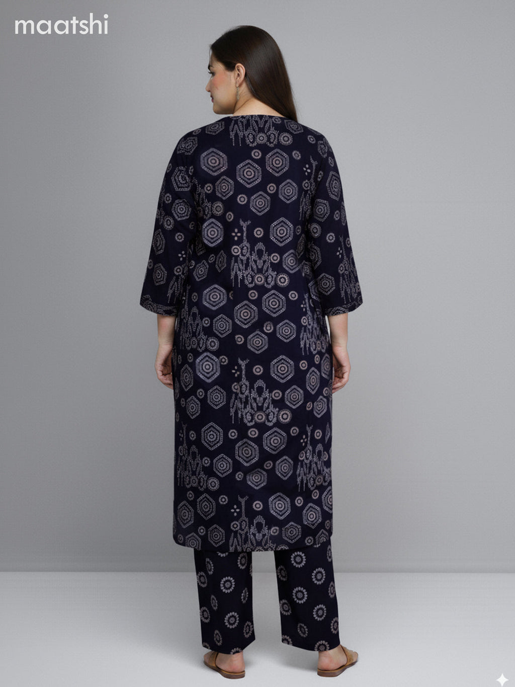 Navy Blue Cotton Printed Straight Suit