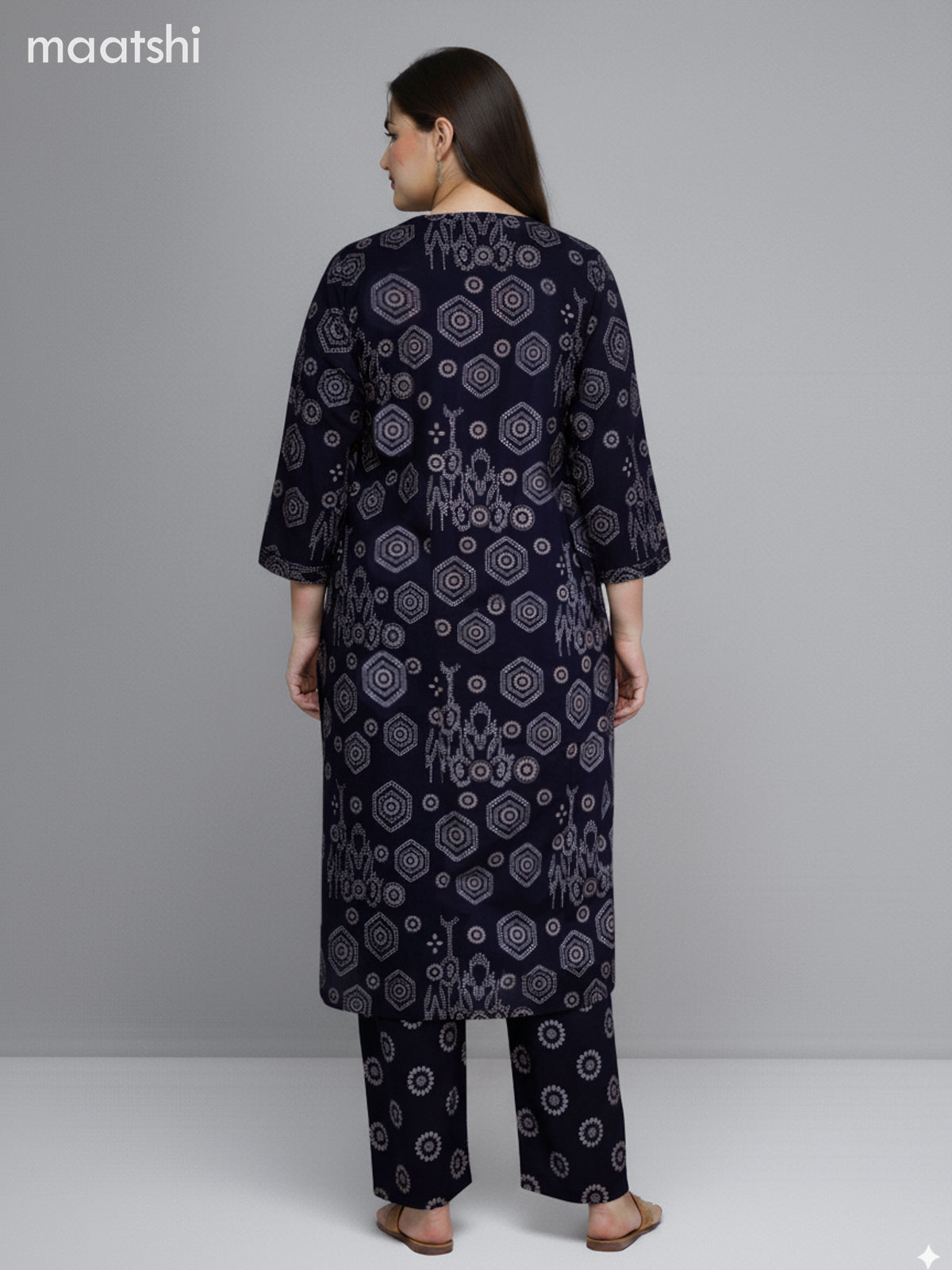 Navy Blue Cotton Printed Straight Suit