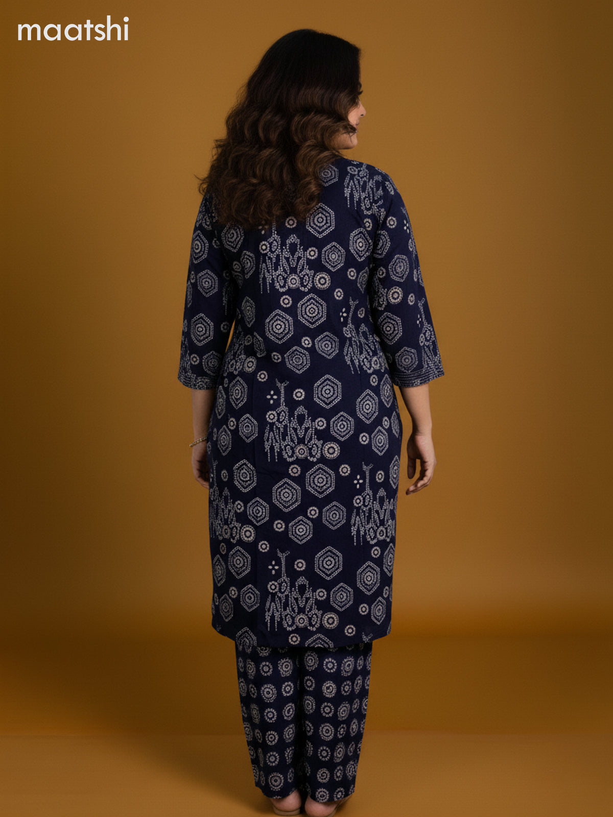 Navy Blue Cotton Printed Straight Suit