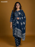 Peacock Blue Cotton Printed Straight Suit