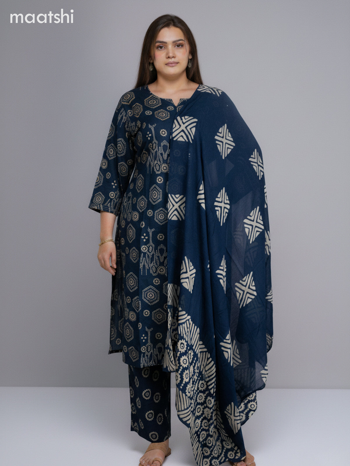 Peacock Blue Cotton Printed Straight Suit