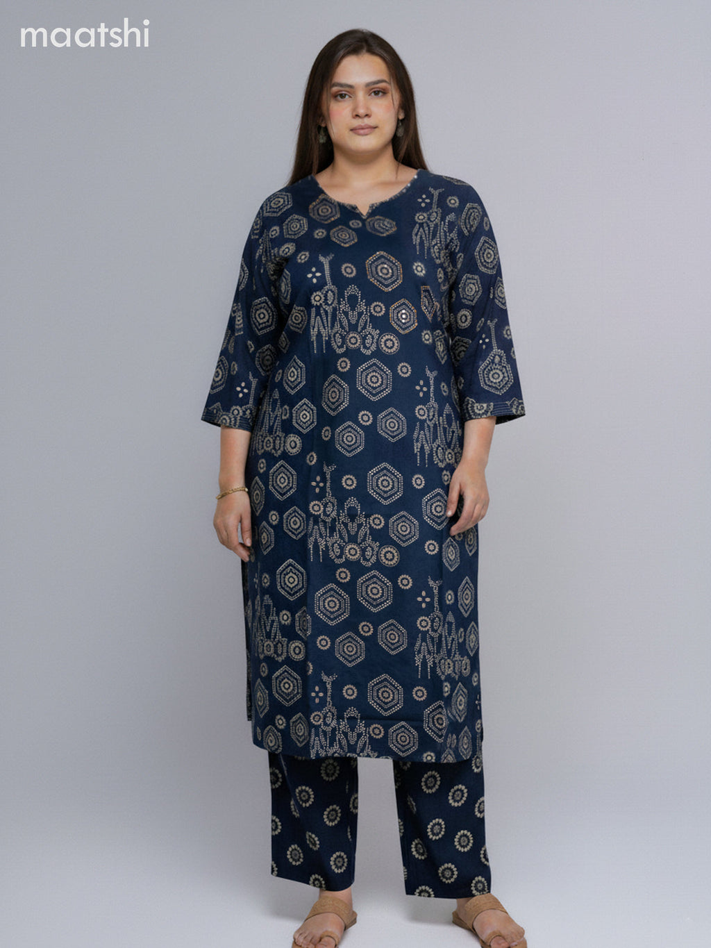 Peacock Blue Cotton Printed Straight Suit