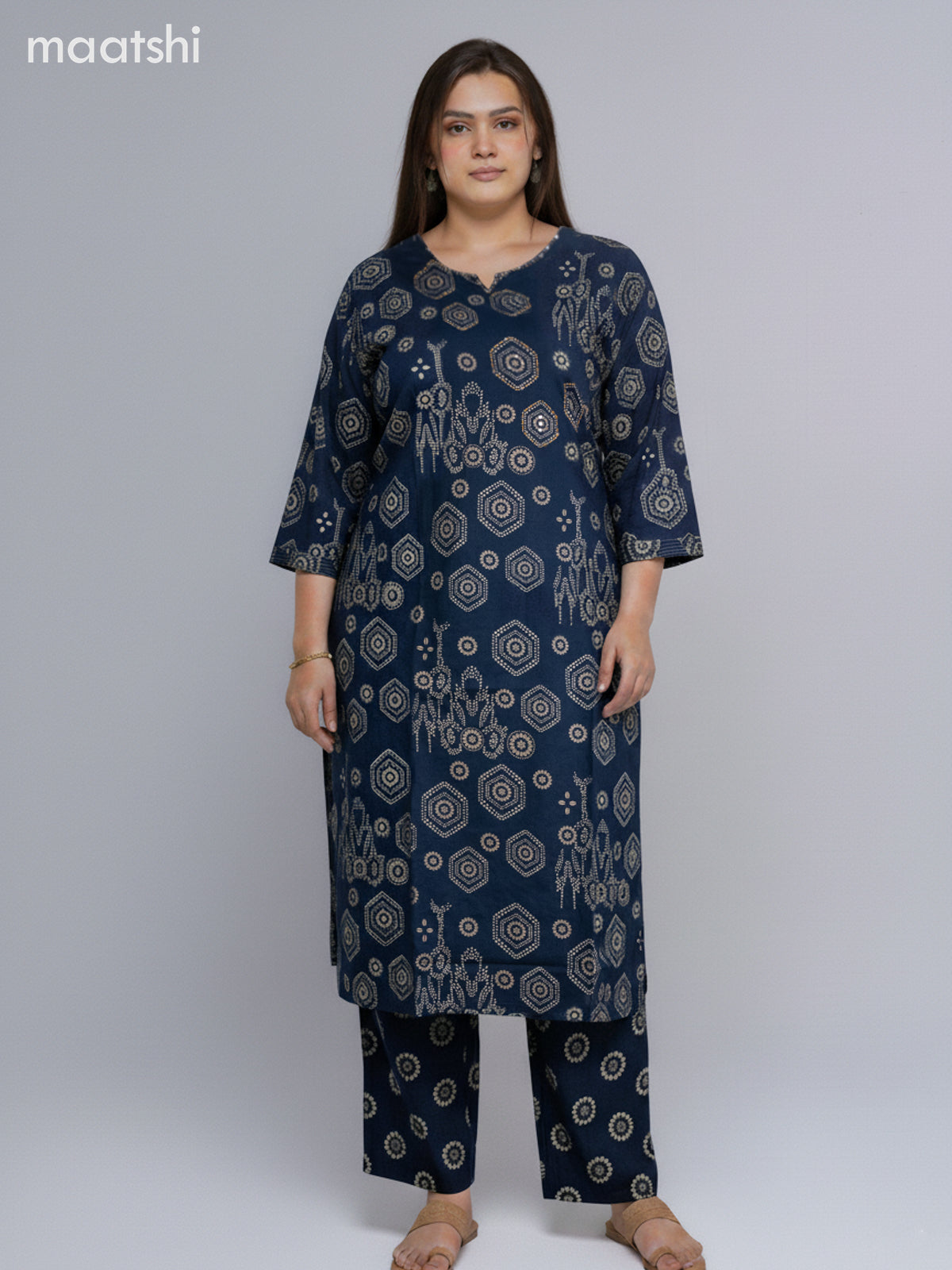 Peacock Blue Cotton Printed Straight Suit