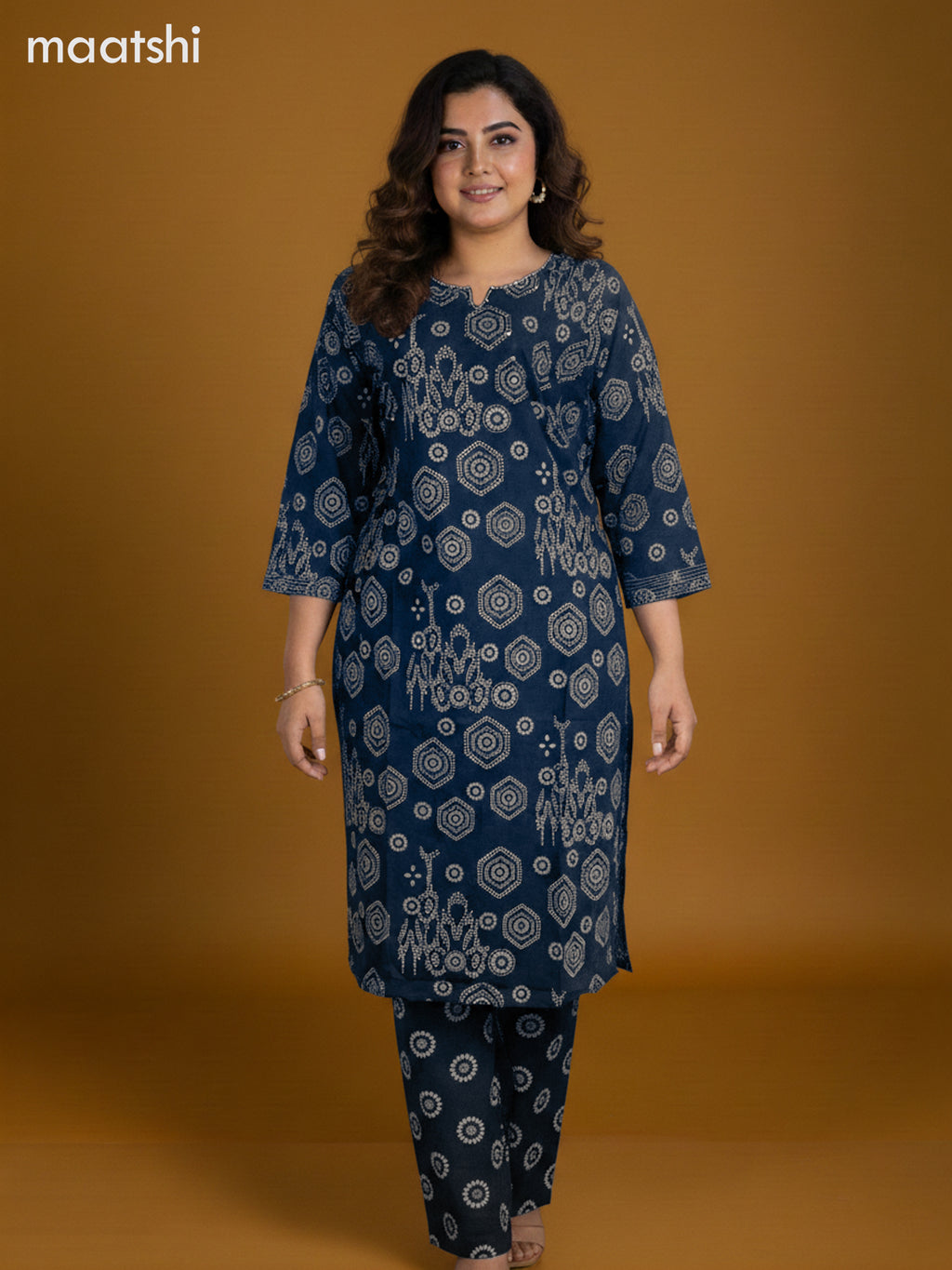 Peacock Blue Cotton Printed Straight Suit