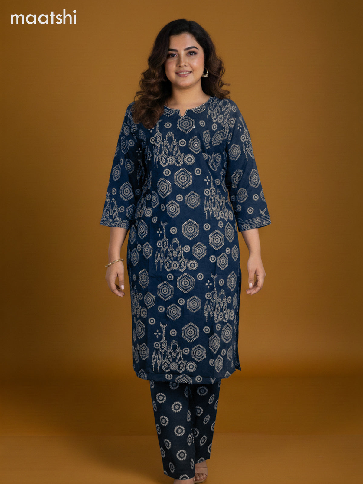 Peacock Blue Cotton Printed Straight Suit