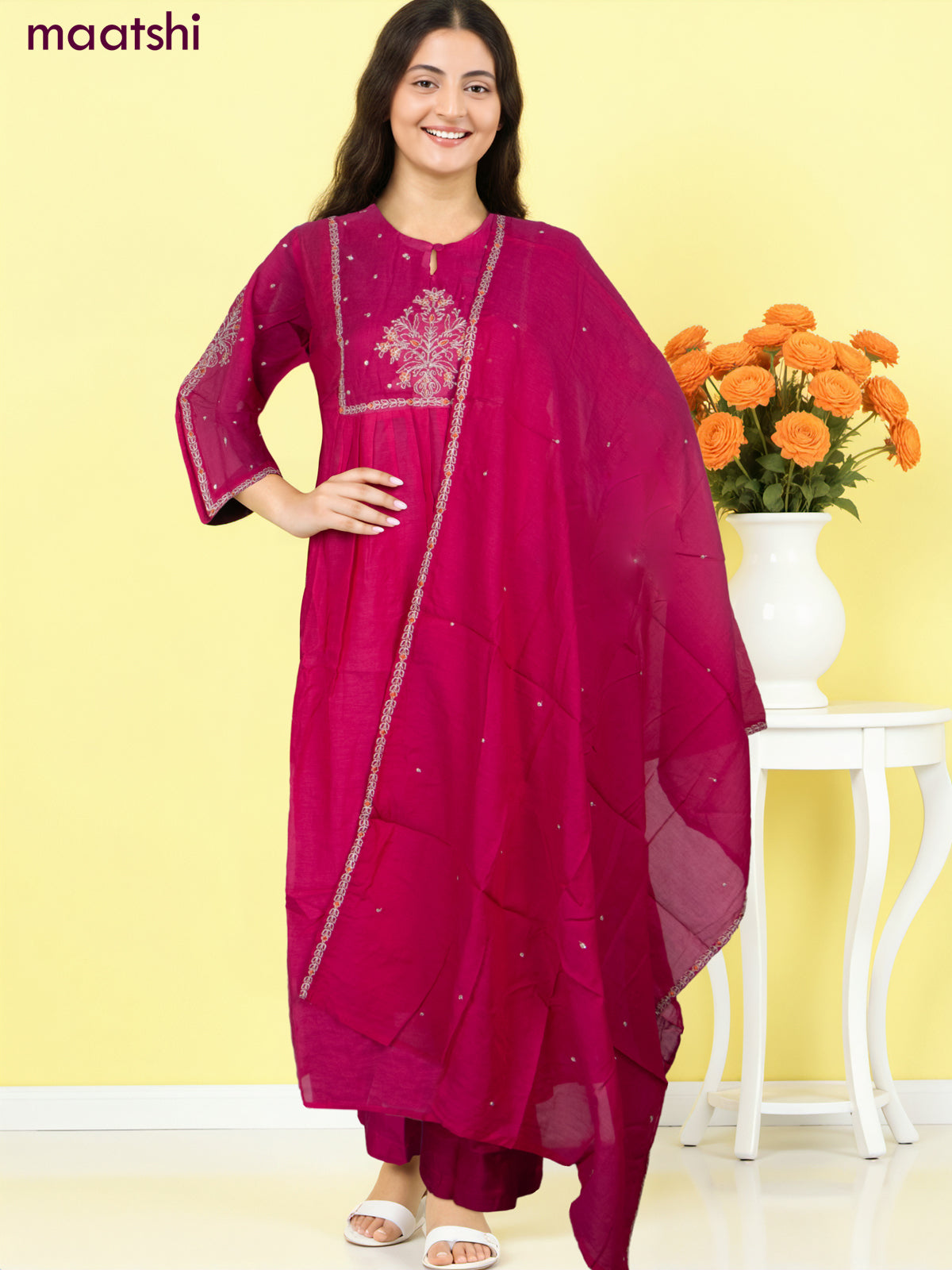 Anarkali salwar suit pink with embroidery work neck pattern and straight cut pant & dupatta