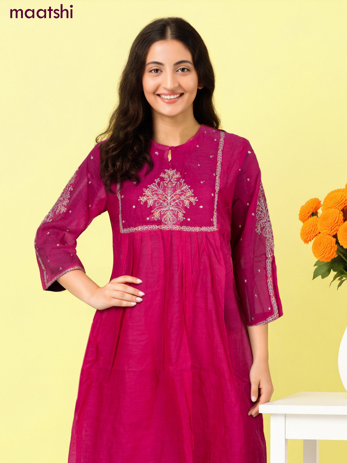 Anarkali salwar suit pink with embroidery work neck pattern and straight cut pant & dupatta