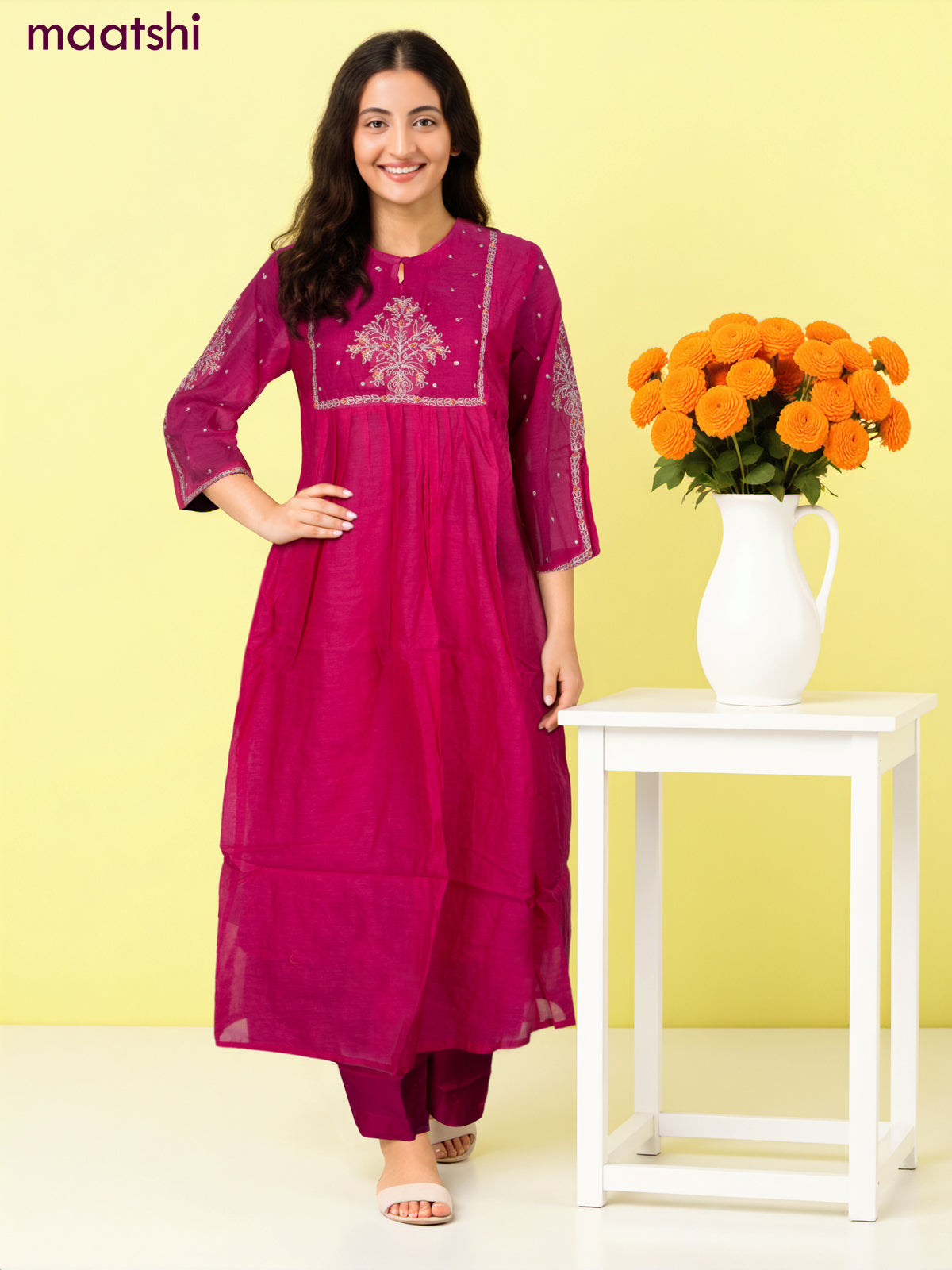 Anarkali salwar suit pink with embroidery work neck pattern and straig – Maatshi