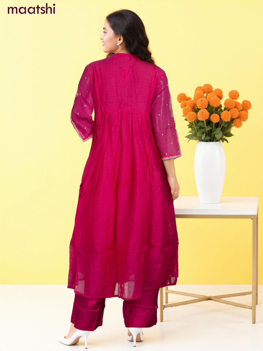 Anarkali salwar suit pink with embroidery work neck pattern and straight cut pant & dupatta