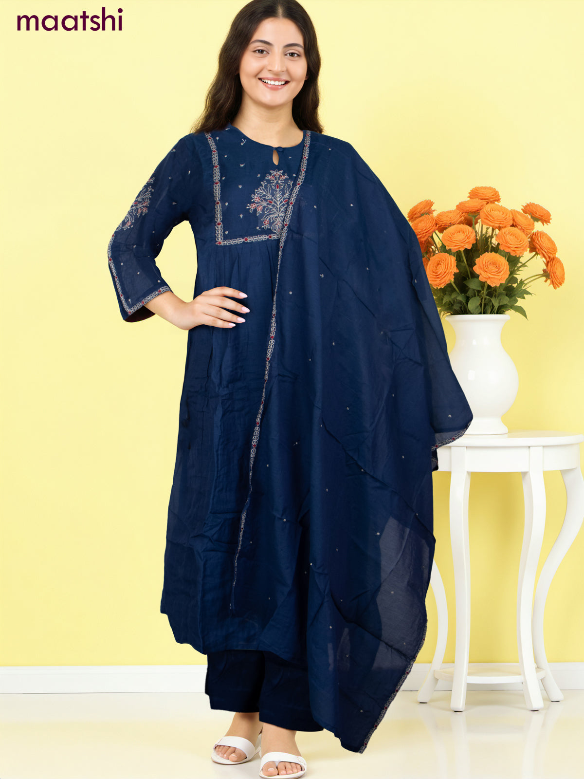 Anarkali salwar suit blue with embroidery work neck pattern and straight cut pant & dupatta