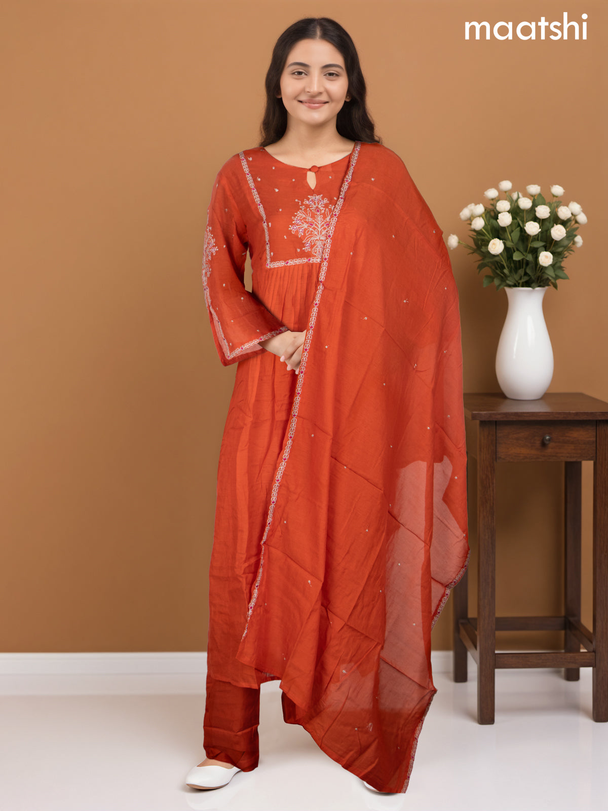 Anarkali salwar suit orange with embroidery work neck pattern and straight cut pant & dupatta