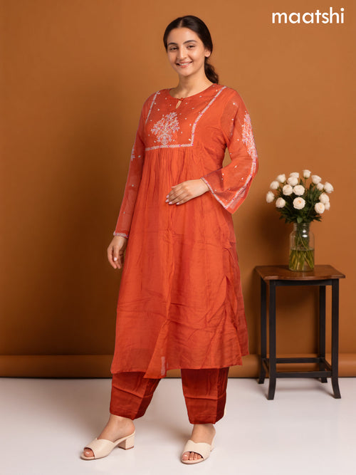 Anarkali salwar suit orange with embroidery work neck pattern and straight cut pant & dupatta
