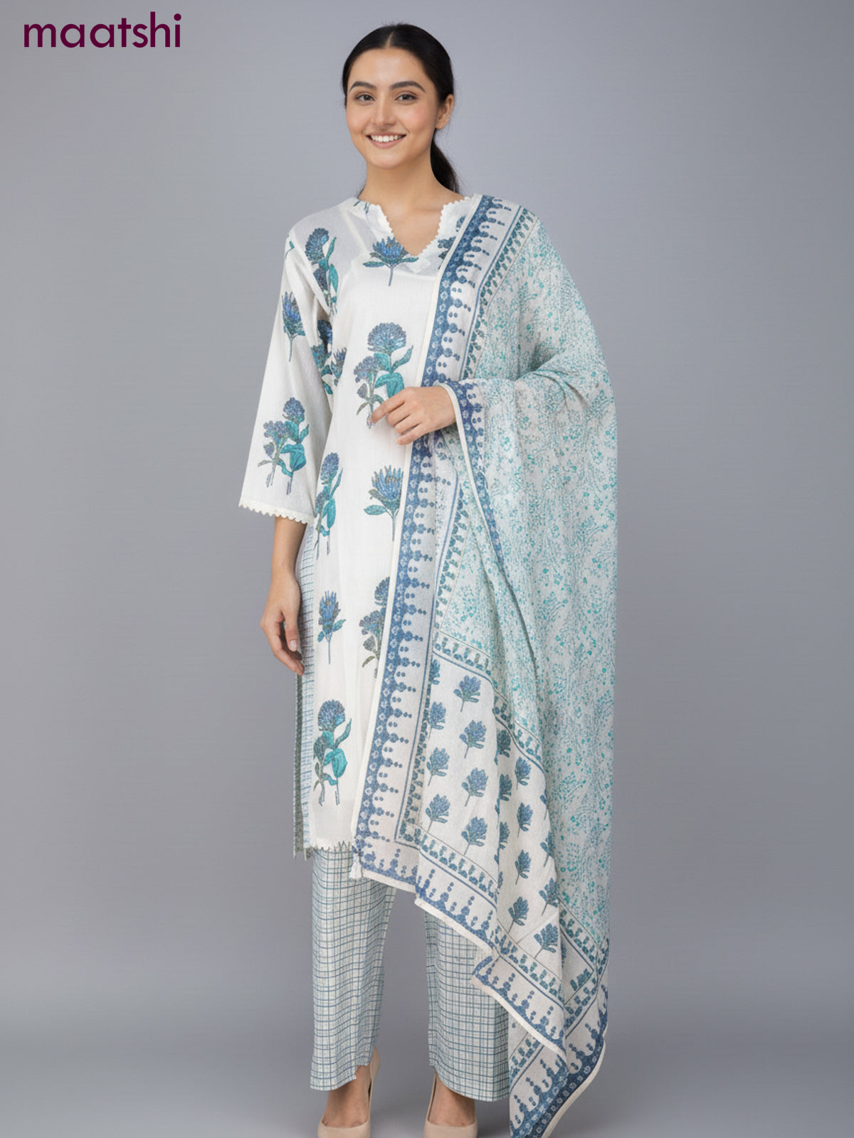 A-line salwar suit off white with slip & lace work neck pattern and and palazzo pant & dupatta