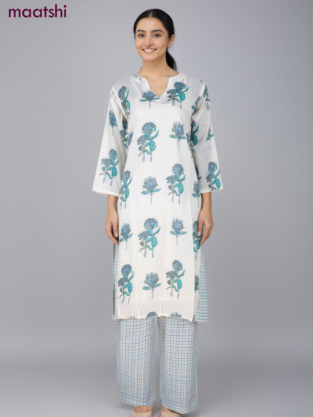 A-line salwar suit off white with slip & lace work neck pattern and and palazzo pant & dupatta