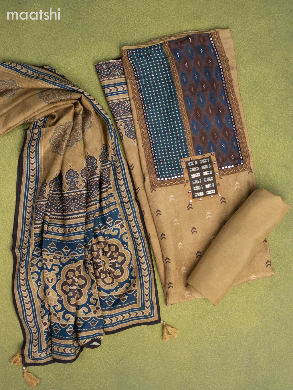 Muslin dress material sandal with butta prints & mirror embroidery work neck pattern and bottom & dupatta