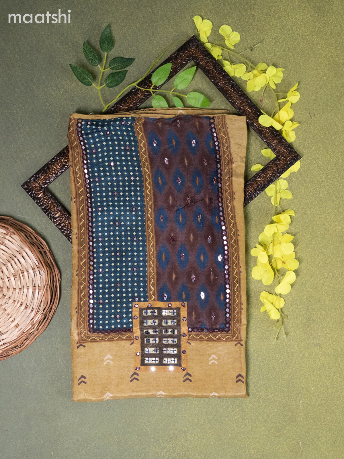 Muslin dress material sandal with butta prints & mirror embroidery work neck pattern and bottom & dupatta