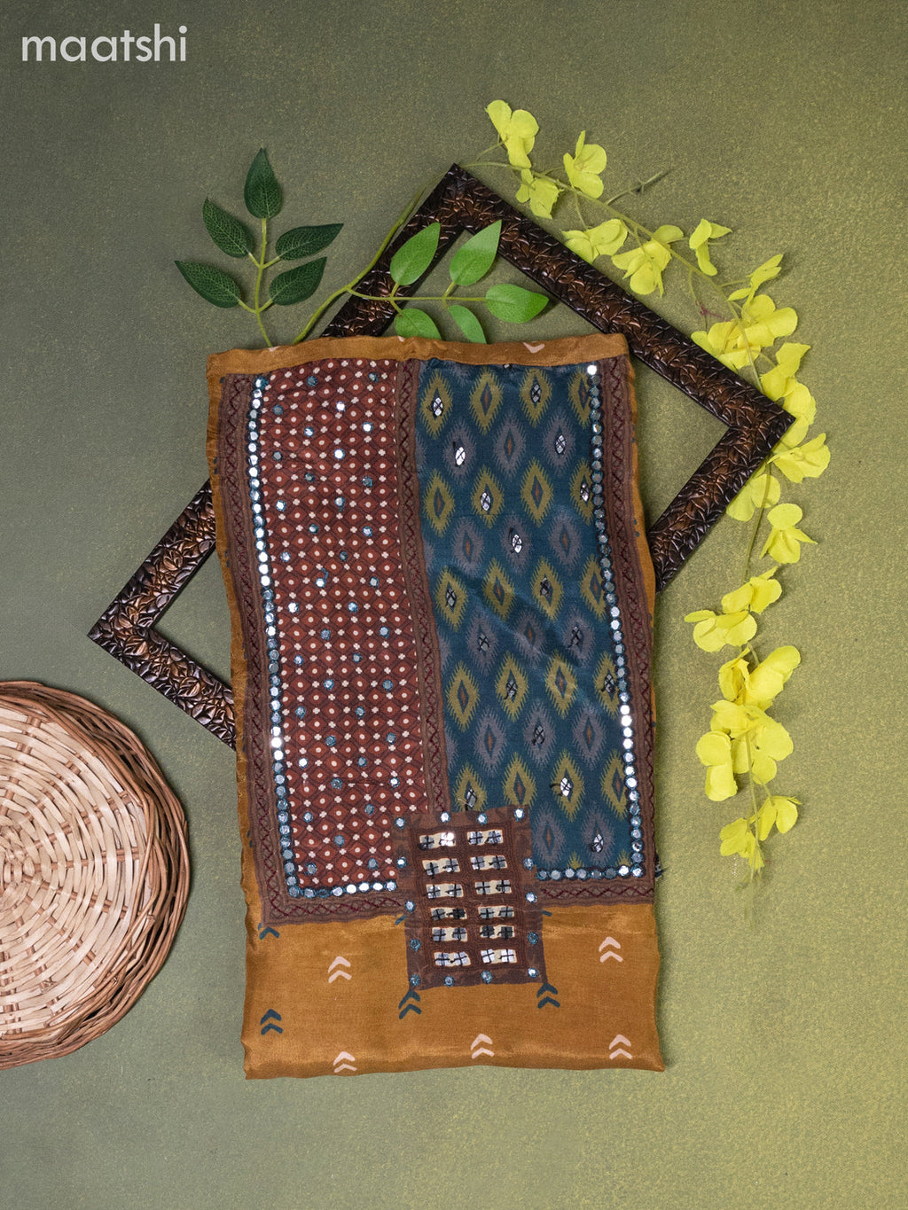 Muslin dress material dark mustard with butta prints & mirror embroidery work neck pattern and bottom & dupatta