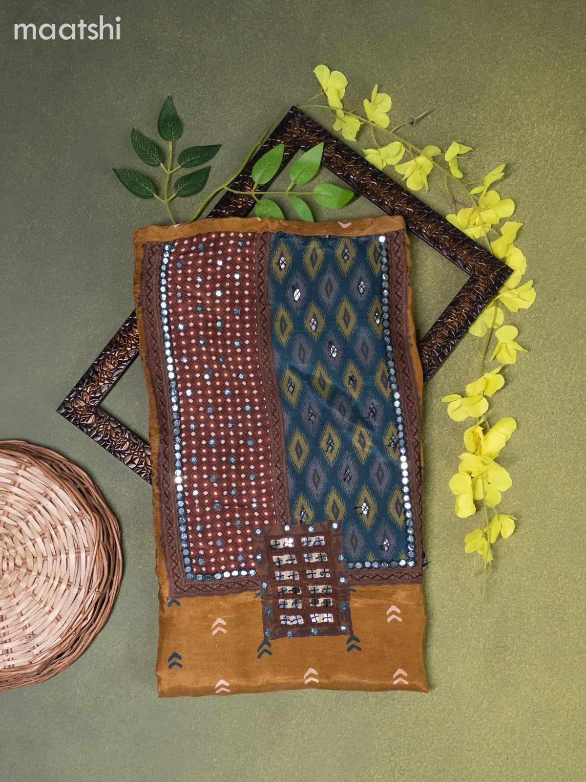 Muslin dress material dark mustard with butta prints & mirror embroidery work neck pattern and bottom & dupatta