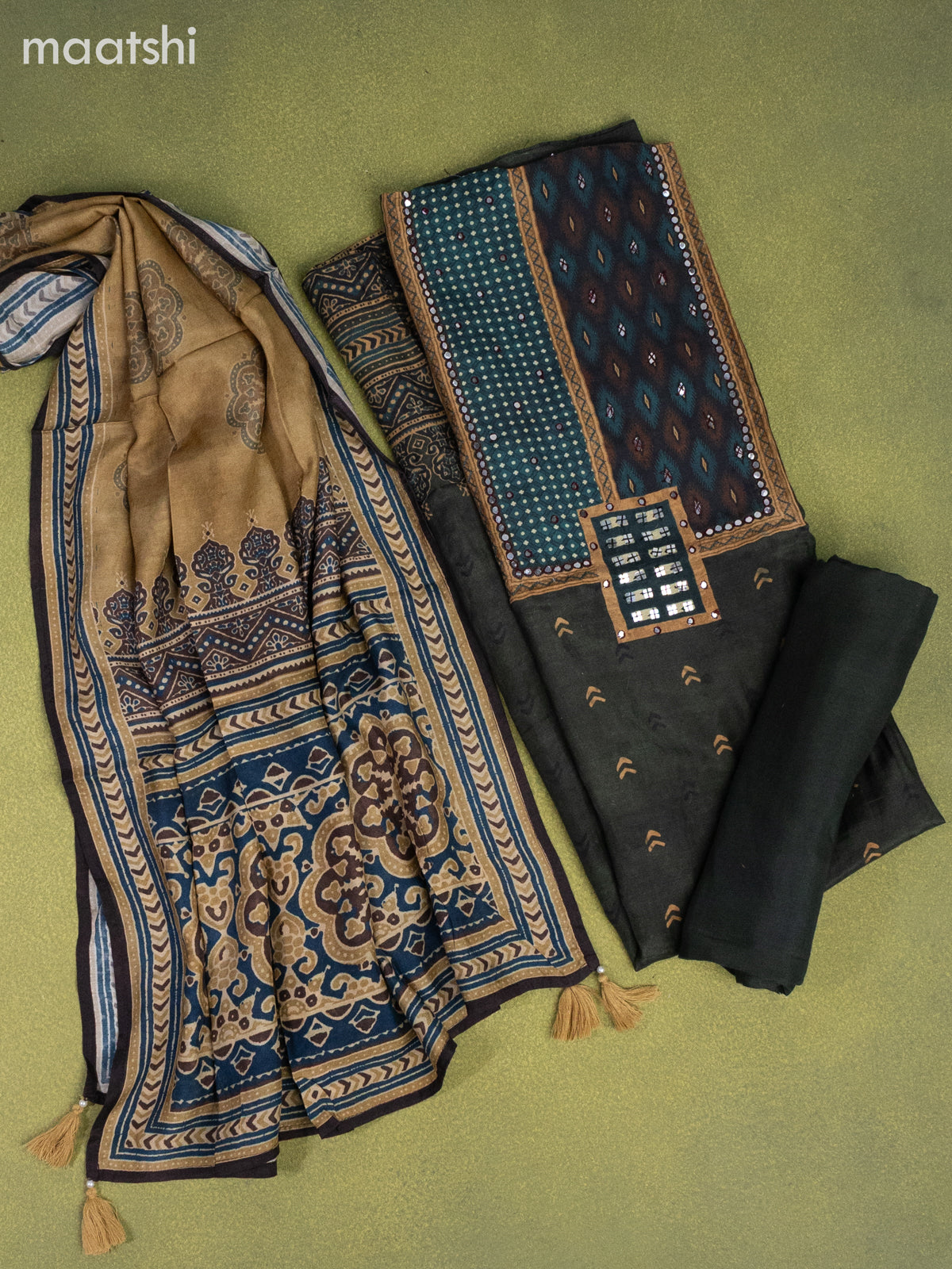 Muslin dress material bottle green with butta prints & mirror embroidery work neck pattern and bottom & dupatta