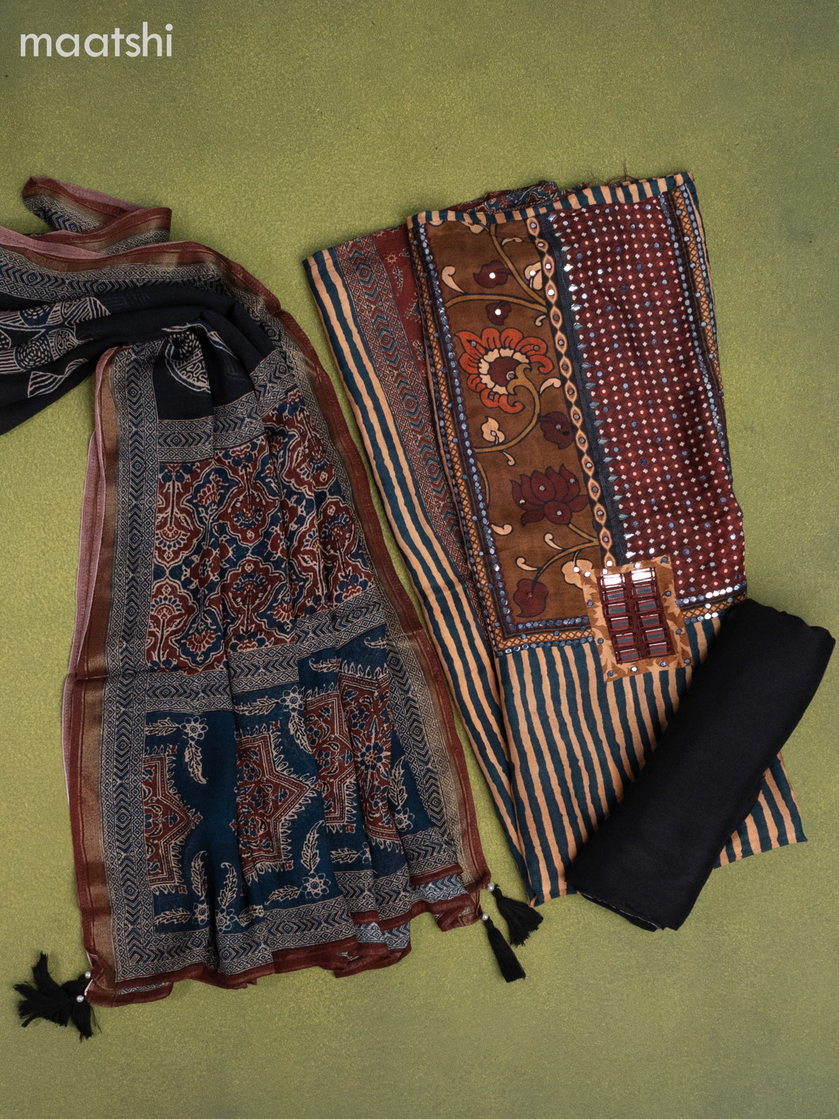 Muslin dress material peach shade and peacock blue maroon with allover prints & mirror embroidery work neck pattern and bottom & dupatta