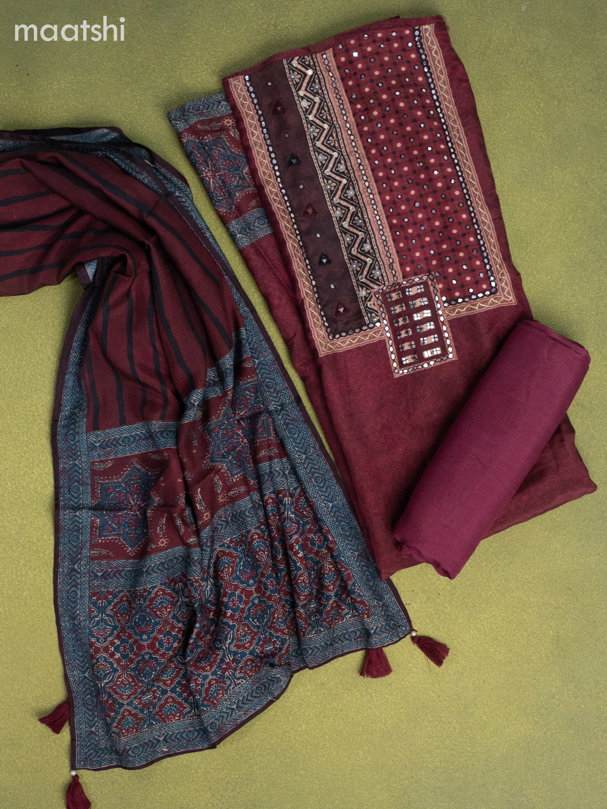 Muslin dress material wine shade with ajrakh prints & mirror embroidery work neck pattern and bottom & dupatta