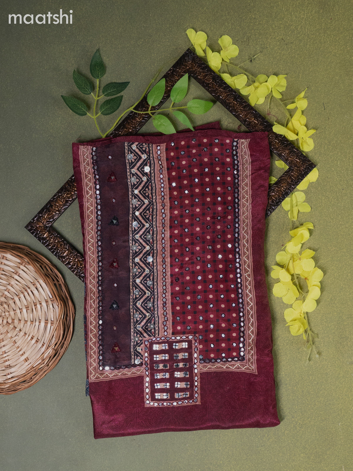 Muslin dress material wine shade with ajrakh prints & mirror embroidery work neck pattern and bottom & dupatta