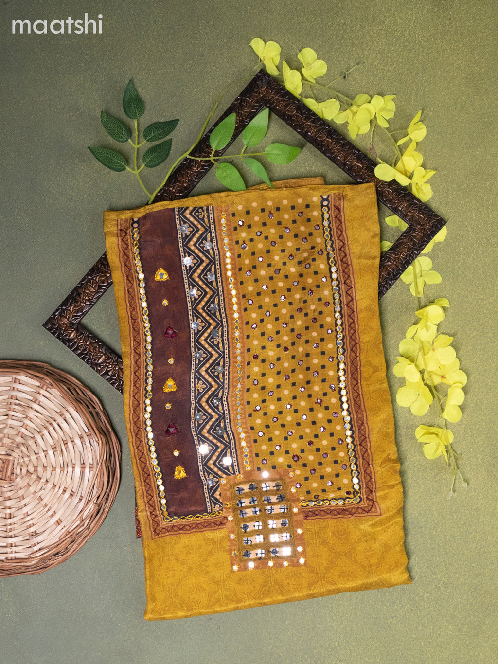 Muslin dress material mustard yellow with ajrakh prints & mirror embroidery work neck pattern and bottom & dupatta