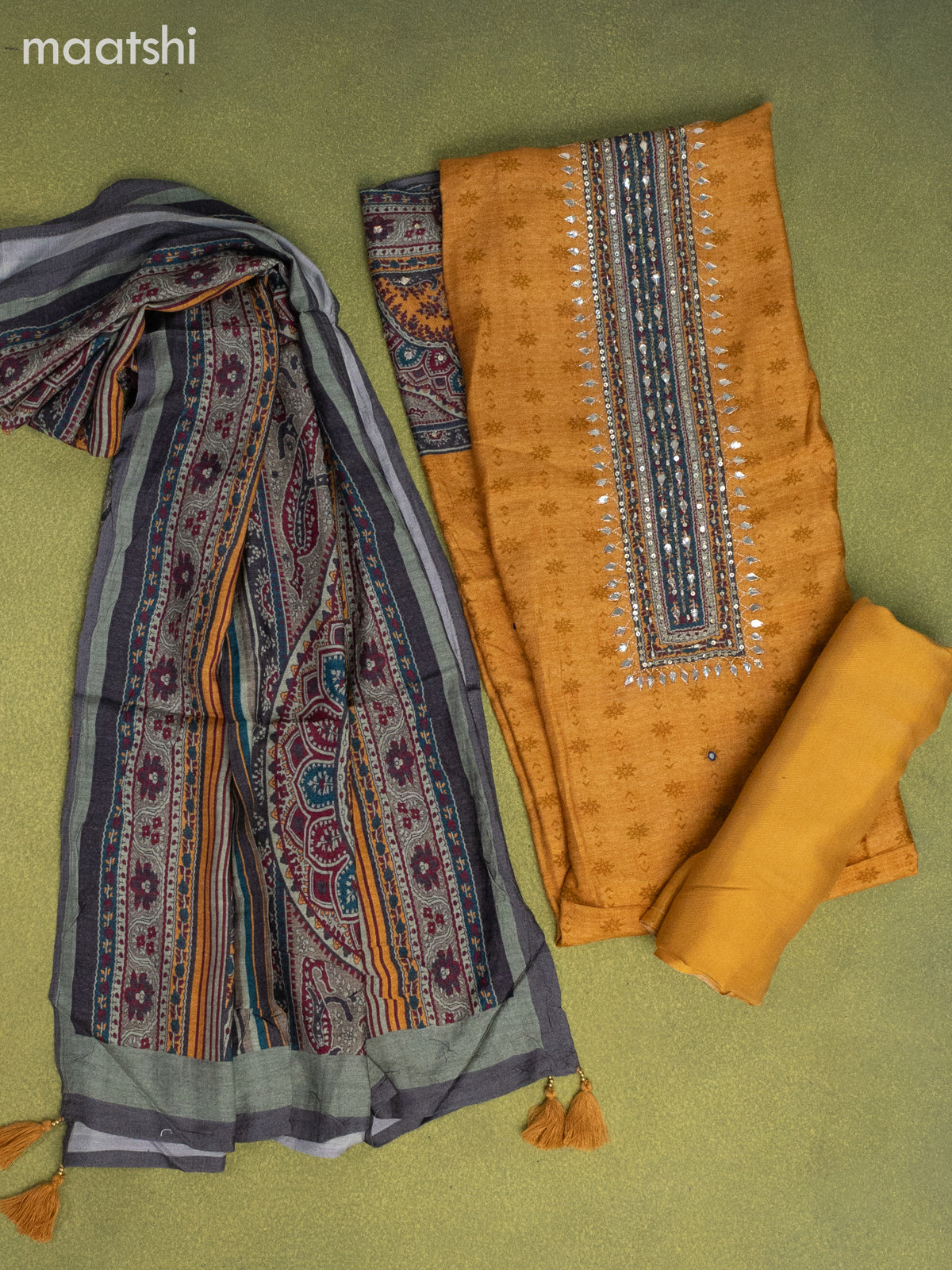Muslin dress material mustard yellow with prints & sequin work neck pattern and bottom & dupatta