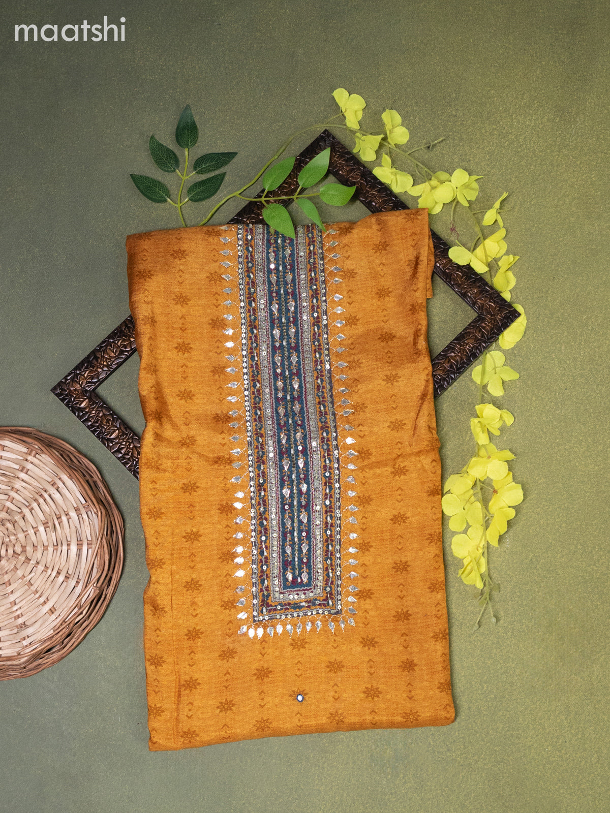 Muslin dress material mustard yellow with prints & sequin work neck pattern and bottom & dupatta