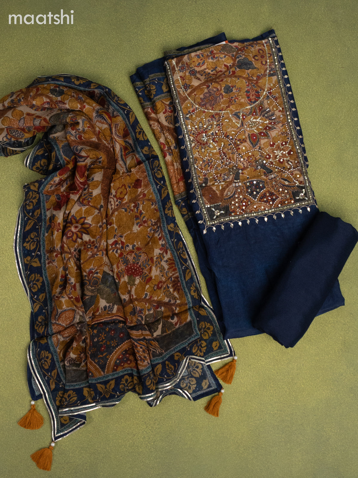 Muslin dress material dark peacock blue with beaded sequin work neck pattern and bottom & kalamkari prints dupatta