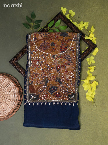 Muslin dress material dark peacock blue with beaded sequin work neck pattern and bottom & kalamkari prints dupatta