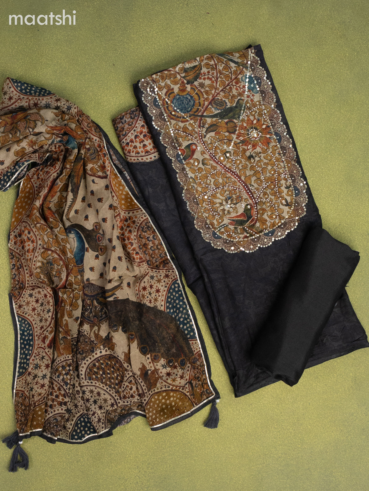 Muslin dress material black with prints & beaded sequin work neck pattern and bottom & kalamkari prints dupatta
