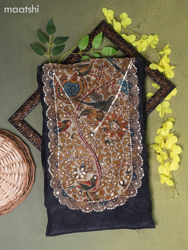 Muslin dress material black with prints & beaded sequin work neck pattern and bottom & kalamkari prints dupatta