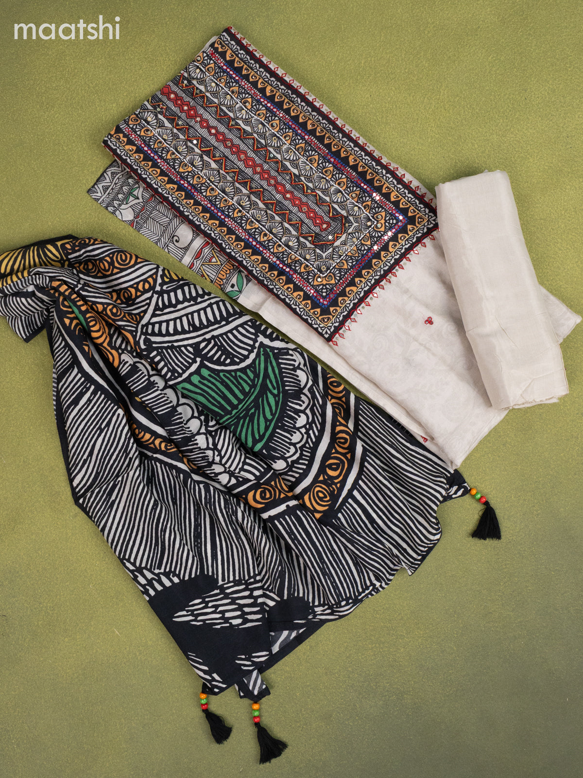 Muslin dress material off white with madhubani prints & beaded sequin work neck pattern and bottom & dupatta