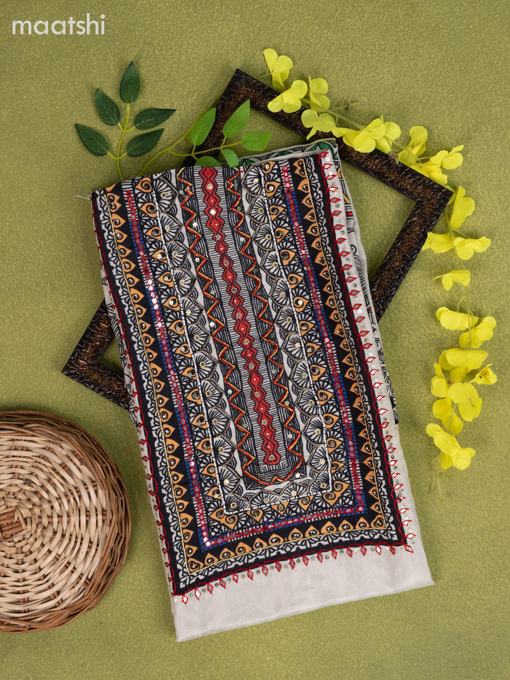 Muslin dress material off white with madhubani prints & beaded sequin work neck pattern and bottom & dupatta