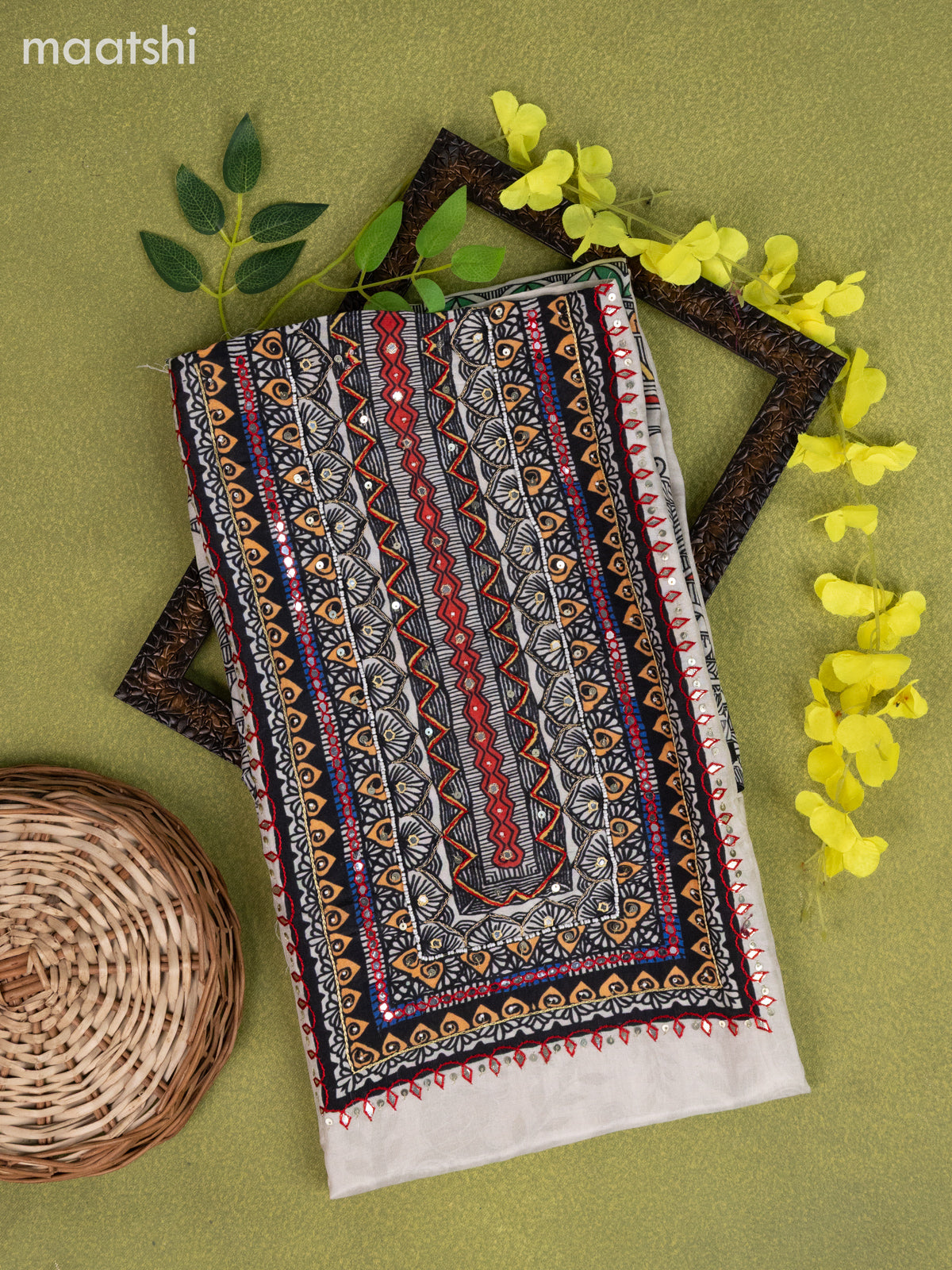 Muslin dress material off white with madhubani prints & beaded sequin work neck pattern and bottom & dupatta