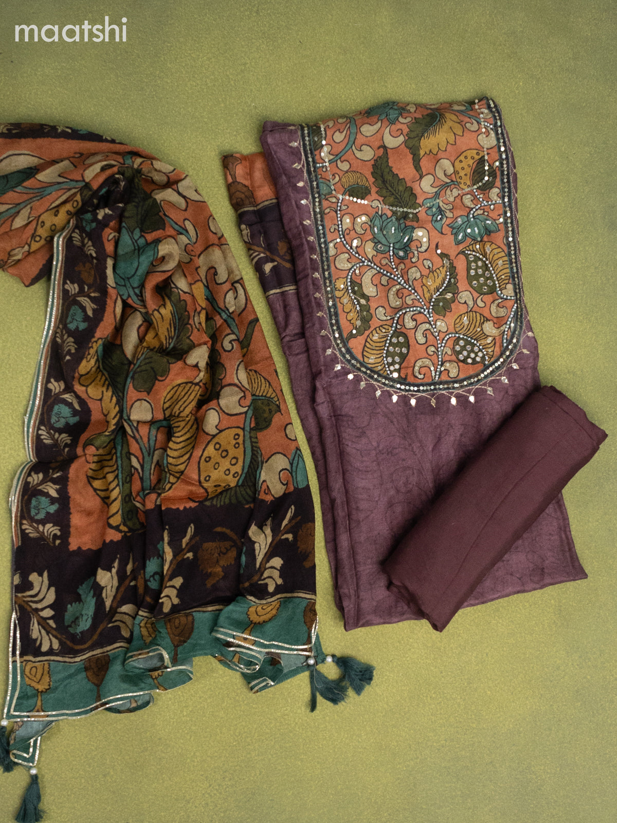 Muslin dress material rosy brown with prints & beaded sequin work neck pattern and bottom & kalamkari prints dupatta