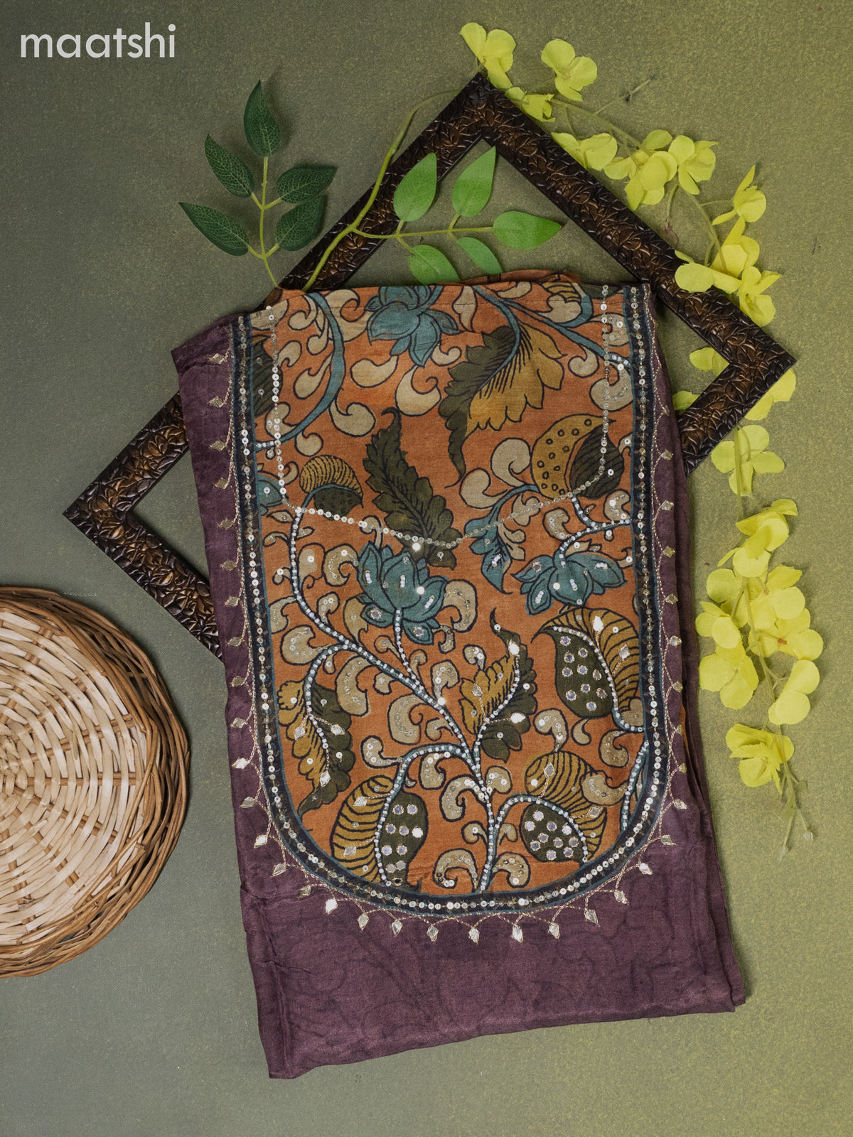 Muslin dress material rosy brown with prints & beaded sequin work neck pattern and bottom & kalamkari prints dupatta