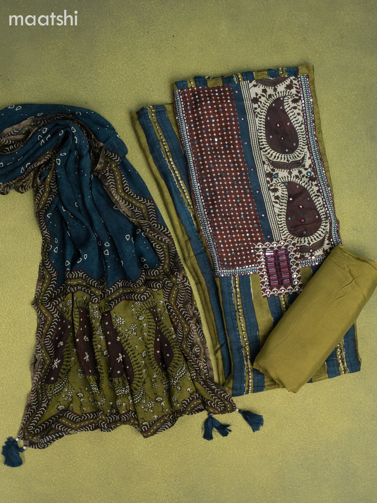 Muslin dress material green shade with prints & mirror embroidery work neck pattern and bottom & dupatta