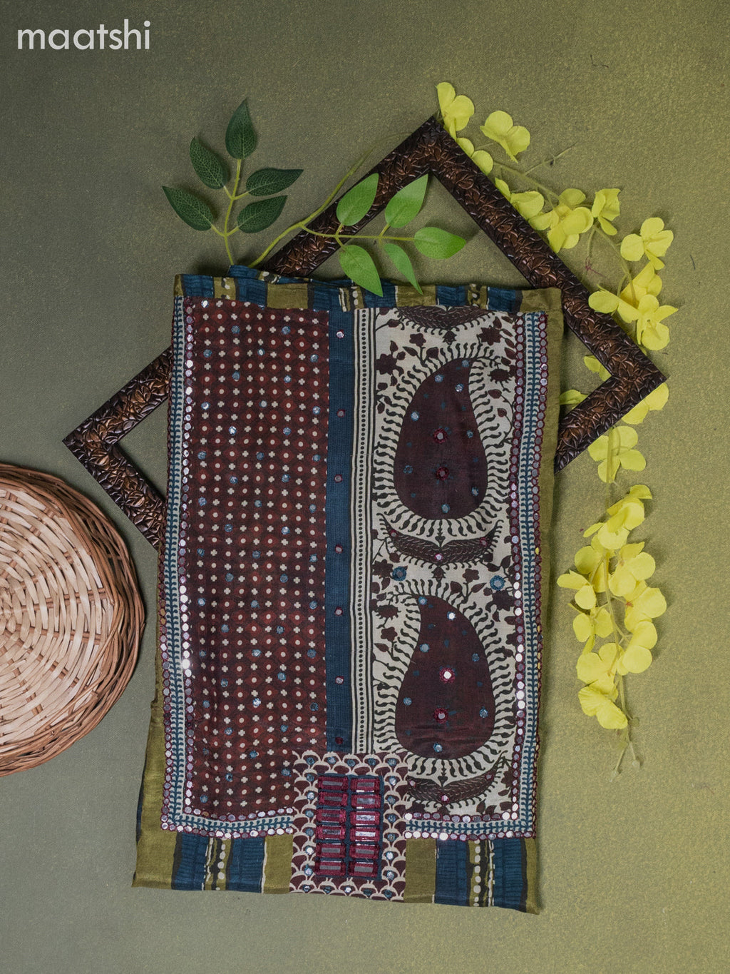 Muslin dress material green shade with prints & mirror embroidery work neck pattern and bottom & dupatta