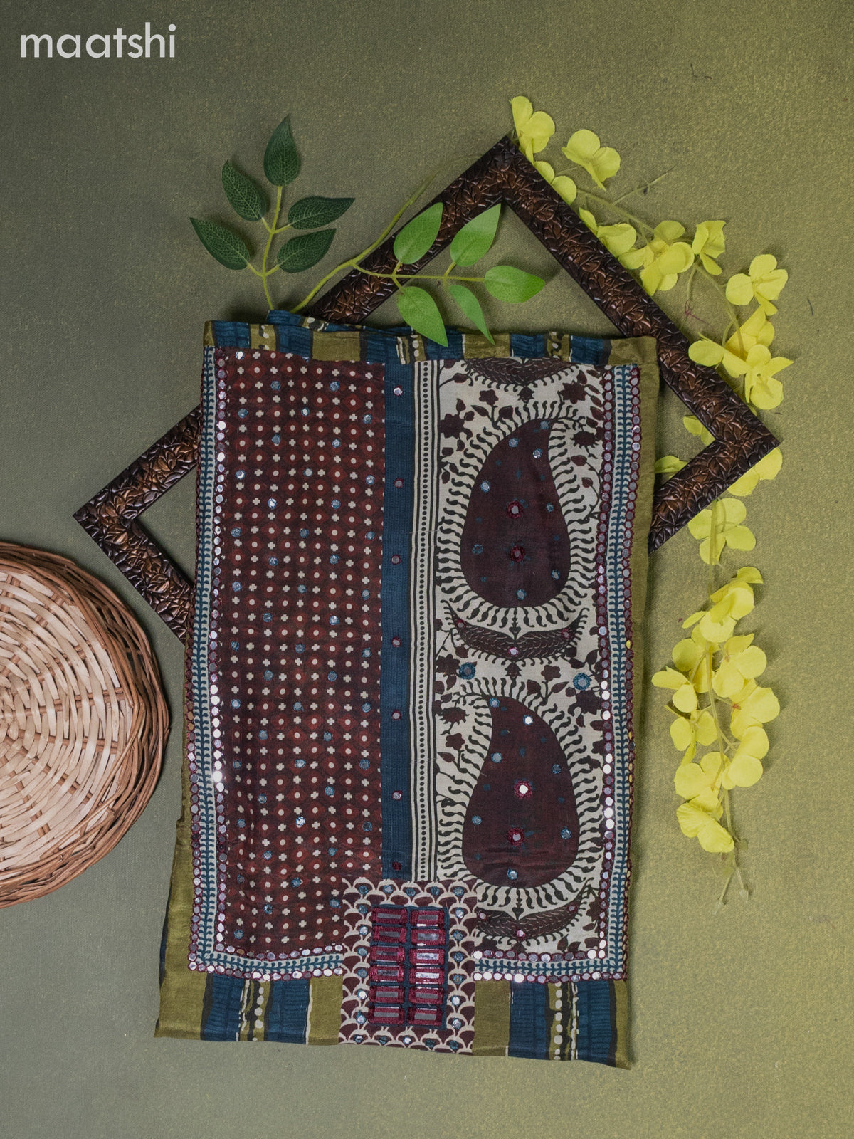 Muslin dress material green shade with prints & mirror embroidery work neck pattern and bottom & dupatta