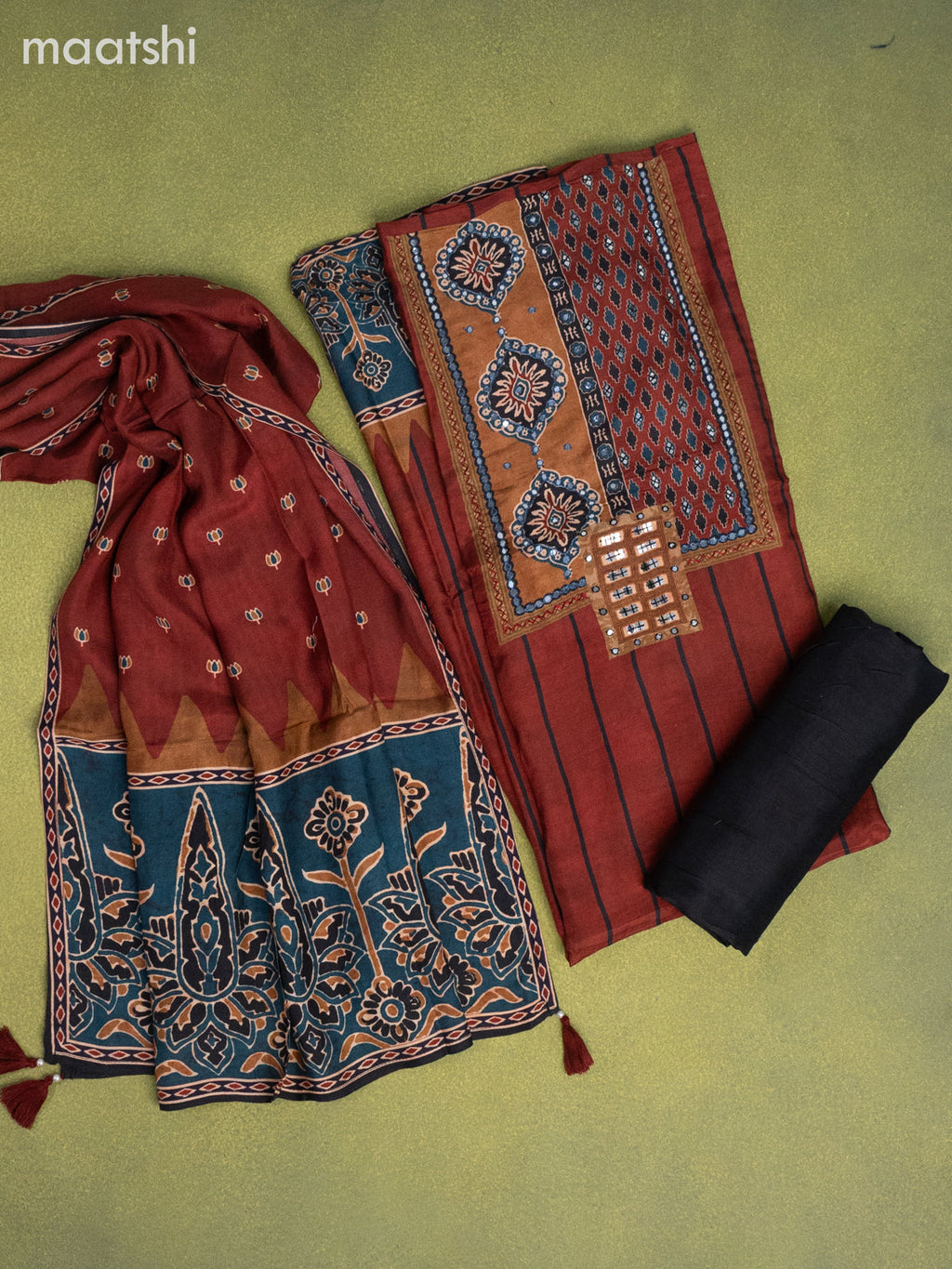 Muslin dress material maroon and black with stripes pattern & mirror embroidery work neck pattern and bottom & dupatta