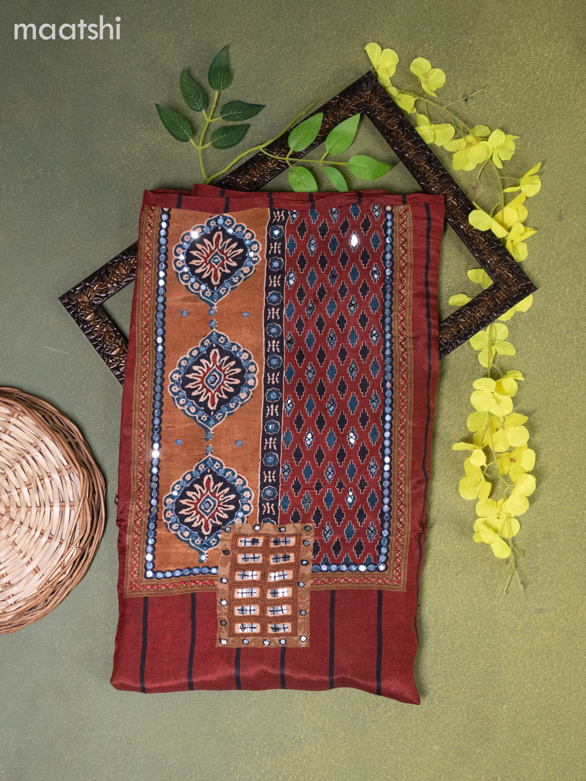 Muslin dress material maroon and black with stripes pattern & mirror embroidery work neck pattern and bottom & dupatta