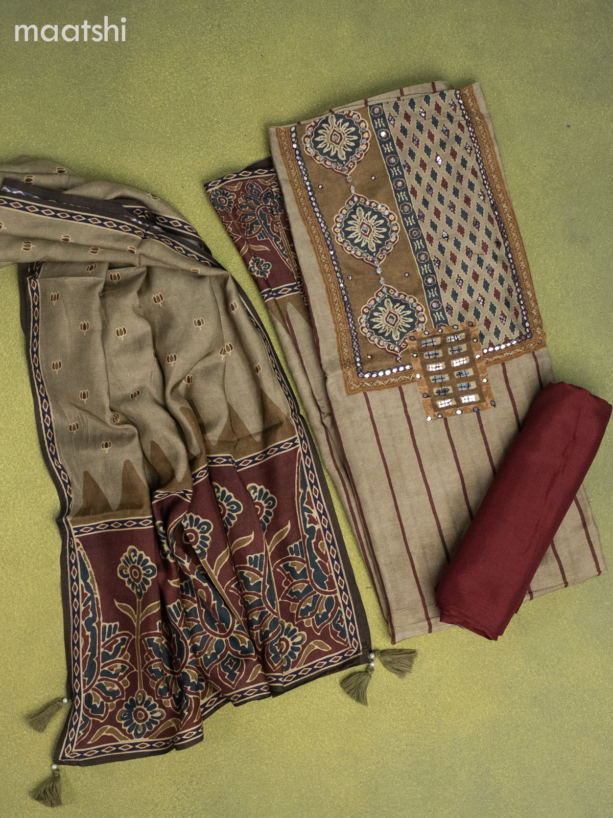 Muslin dress material elaichi green and maroon with stripes pattern & mirror embroidery work neck pattern and bottom & dupatta