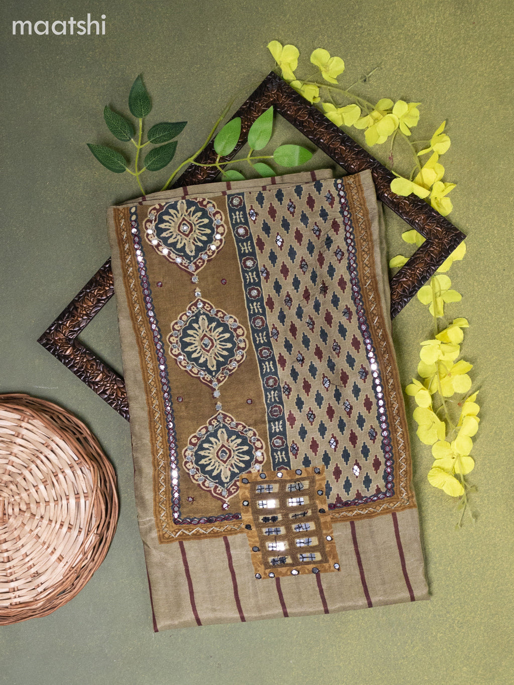 Muslin dress material elaichi green and maroon with stripes pattern & mirror embroidery work neck pattern and bottom & dupatta